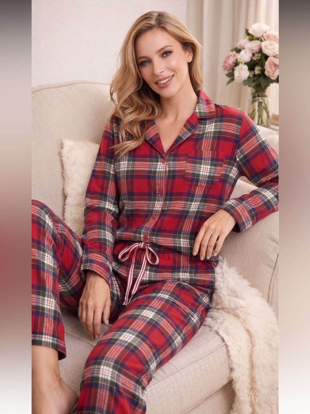 Sleep Sense Women's 2-Piece Pajama Set Flannel Red Plaid Sleep Shirt Pants Sz M